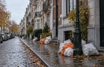 Worki ze śmieciami na chodniku przed kamienicami w Brukseli