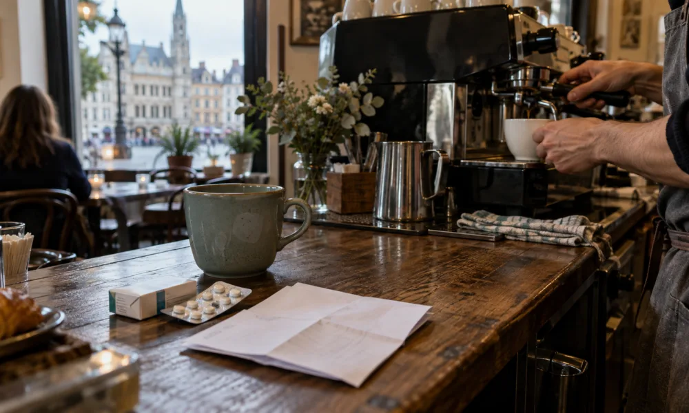 Dłonie baristy przy ekspresie w brukselskiej kawiarni, na ladzie zaświadczenie i leki