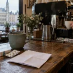 Dłonie baristy przy ekspresie w brukselskiej kawiarni, na ladzie zaświadczenie i leki