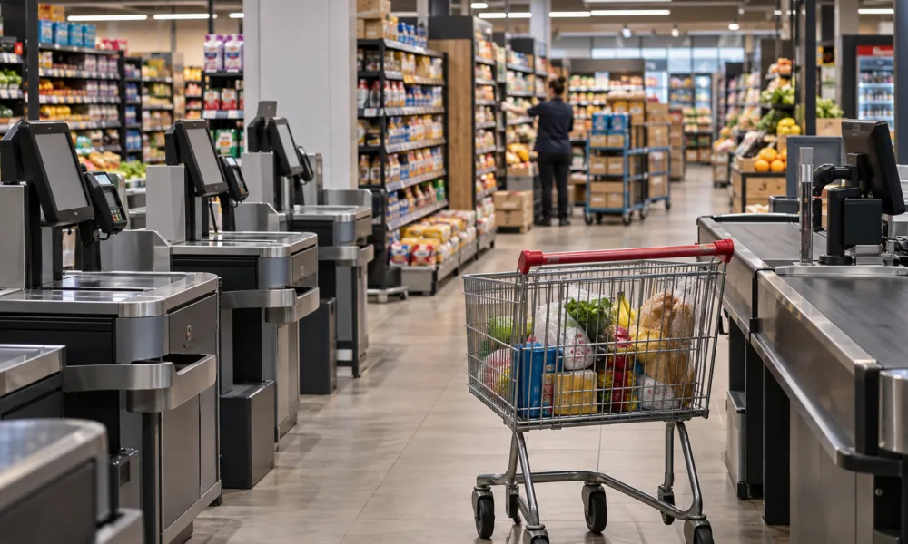 Wnętrze dużego supermarketu z pustymi kasami samoobsługowymi i wózkiem sklepowym, w głębi pracownik układający towar