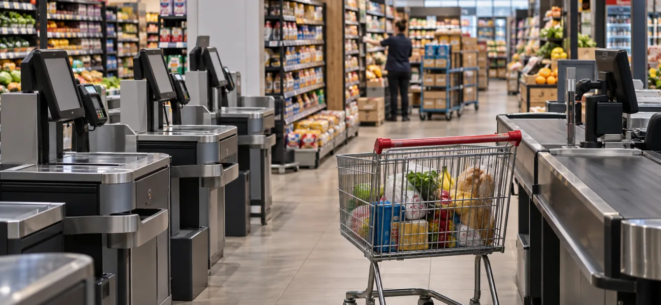 Wnętrze dużego supermarketu z pustymi kasami samoobsługowymi i wózkiem sklepowym, w głębi pracownik układający towar
