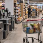 Wnętrze dużego supermarketu z pustymi kasami samoobsługowymi i wózkiem sklepowym, w głębi pracownik układający towar