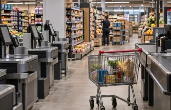 Wnętrze dużego supermarketu z pustymi kasami samoobsługowymi i wózkiem sklepowym, w głębi pracownik układający towar