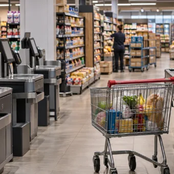 Wnętrze dużego supermarketu z pustymi kasami samoobsługowymi i wózkiem sklepowym, w głębi pracownik układający towar
