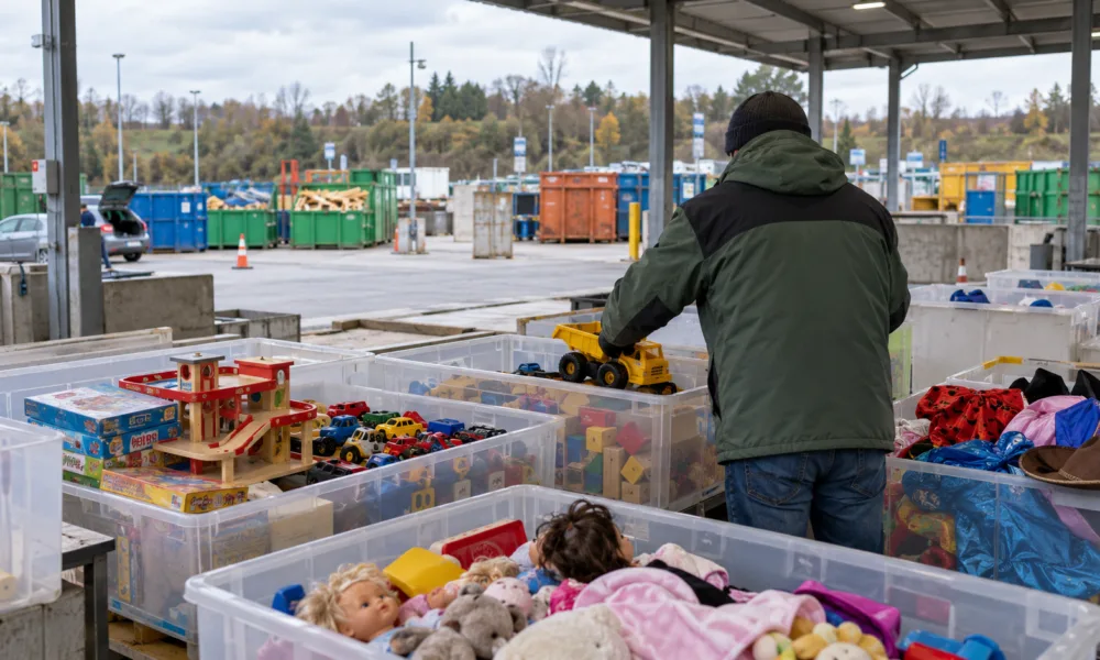 Skrzynie z używanymi zabawkami w recyparku, wolontariusz wkłada do nich zabawkową ciężarówkę