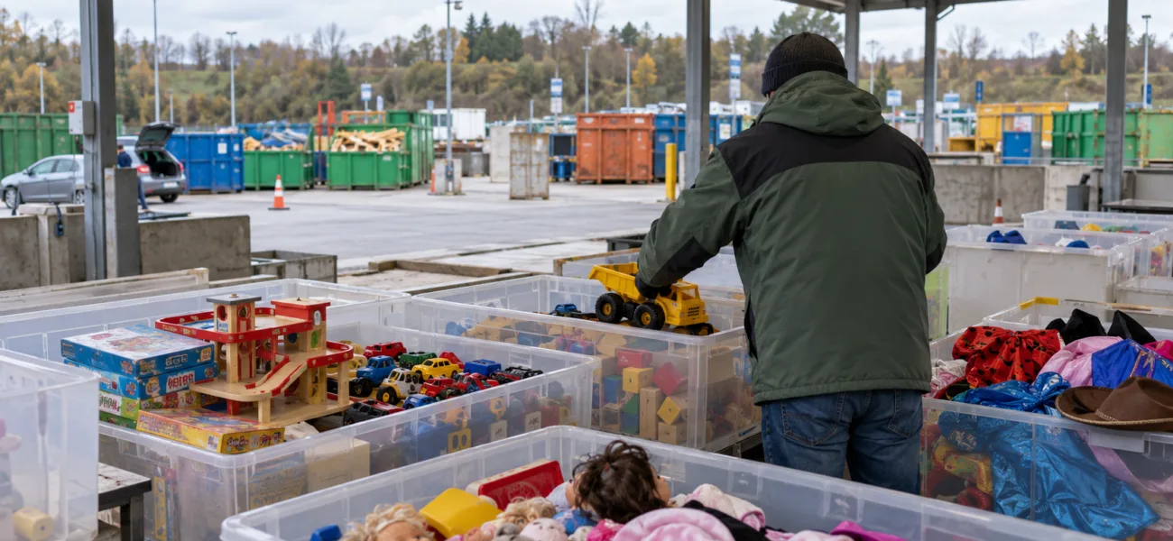 Skrzynie z używanymi zabawkami w recyparku, wolontariusz wkłada do nich zabawkową ciężarówkę