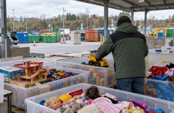 Skrzynie z używanymi zabawkami w recyparku, wolontariusz wkłada do nich zabawkową ciężarówkę