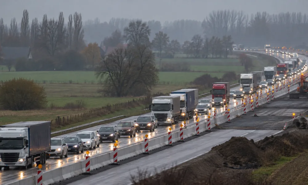 Korek samochodów i ciężarówek na autostradzie zwężonej przez roboty drogowe, pachołki i bariery wśród jesiennych pól