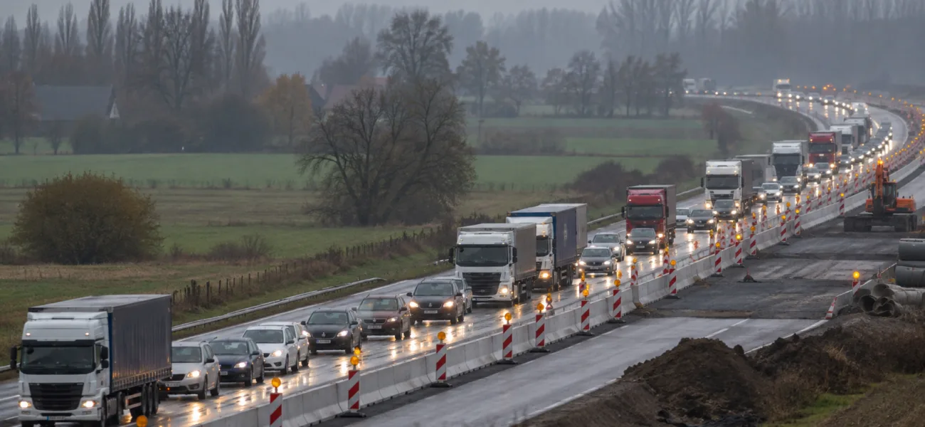 Korek samochodów i ciężarówek na autostradzie zwężonej przez roboty drogowe, pachołki i bariery wśród jesiennych pól