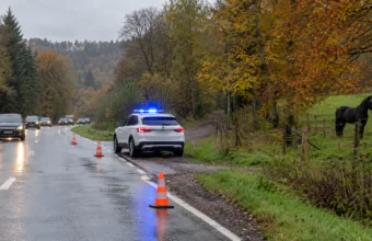 Pojazd służb z niebieskimi światłami na wiejskiej drodze, koń na pastwisku za ogrodzeniem