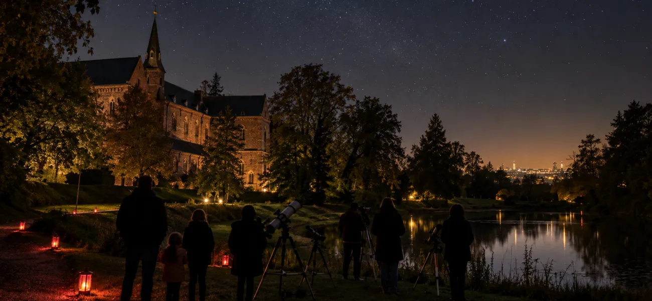 Rodziny obserwują nocne niebo przez teleskopy w parku przy starym opactwie, ścieżkę oświetlają czerwone lampiony