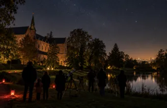 Rodziny obserwują nocne niebo przez teleskopy w parku przy starym opactwie, ścieżkę oświetlają czerwone lampiony