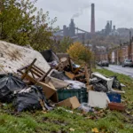 Sterta worków ze śmieciami, stary materac i połamane meble porzucone na trawniku przy ulicy z ceglanymi domami