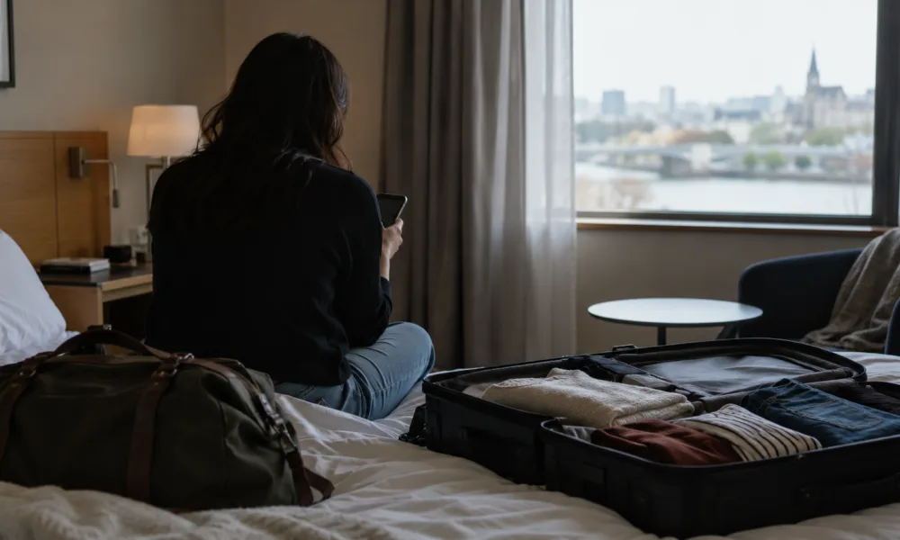 Podróżny z telefonem w pokoju hotelowym obok otwartej walizki