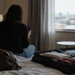 Podróżny z telefonem w pokoju hotelowym obok otwartej walizki