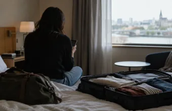 Podróżny z telefonem w pokoju hotelowym obok otwartej walizki