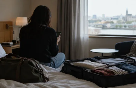 Podróżny z telefonem w pokoju hotelowym obok otwartej walizki