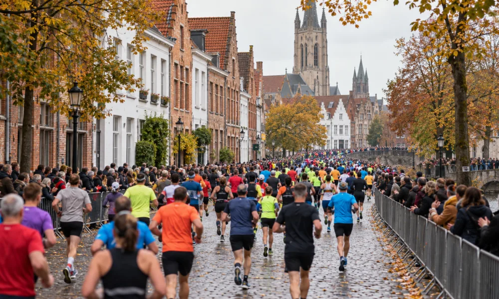 Biegacze półmaratonu widziani od tyłu na ulicy w centrum flamandzkiego miasta, wzdłuż trasy kibice