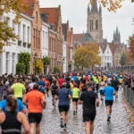 Biegacze półmaratonu widziani od tyłu na ulicy w centrum flamandzkiego miasta, wzdłuż trasy kibice