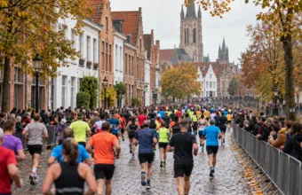 Biegacze półmaratonu widziani od tyłu na ulicy w centrum flamandzkiego miasta, wzdłuż trasy kibice