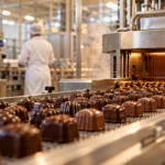 Taśma produkcyjna z pralinkami w hali fabryki czekolady, w tle pracownik w białym fartuchu