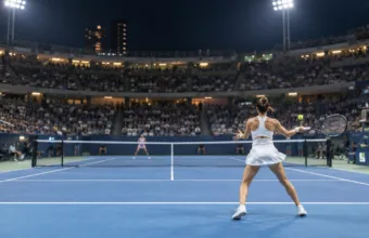 Tenisistka w białym stroju odbiera piłkę na niebieskim korcie podczas wieczornego meczu na stadionie
