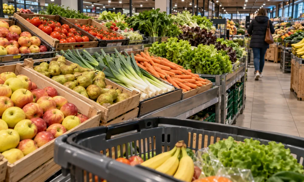 Stoisko z owocami i warzywami w supermarkecie