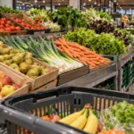 Stoisko z owocami i warzywami w supermarkecie