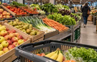 Stoisko z owocami i warzywami w supermarkecie