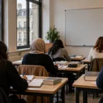 Dorośli uczestnicy kursu w sali lekcyjnej w Brukseli, widok od tyłu