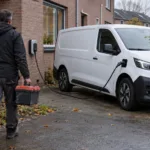 Elektryczna furgonetka podłączona do ładowarki przed domem i fachowiec z narzędziami