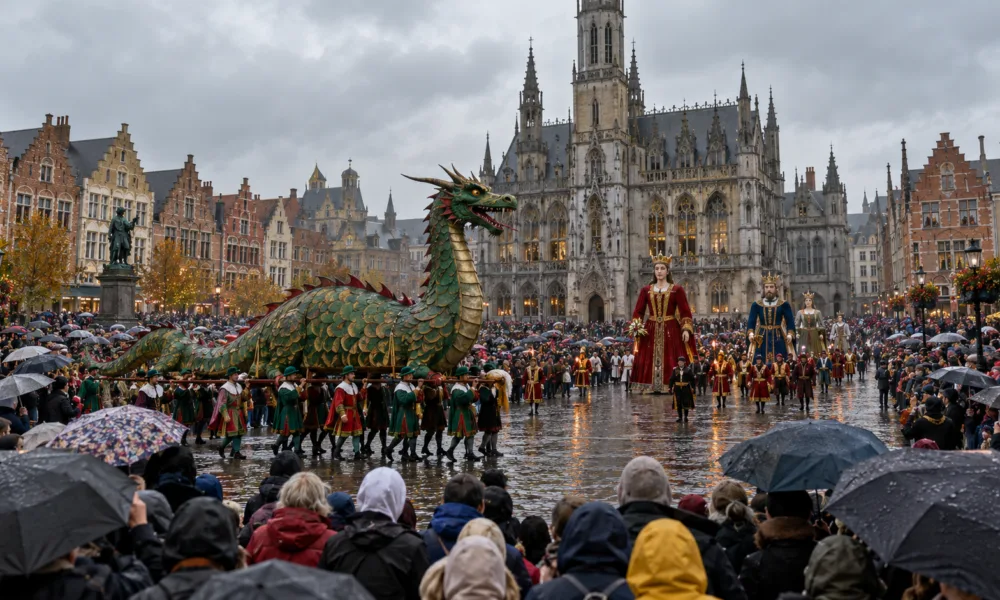 Parada z figurą zielonego smoka na rynku przed gotyckim ratuszem, tłum widzów z parasolami