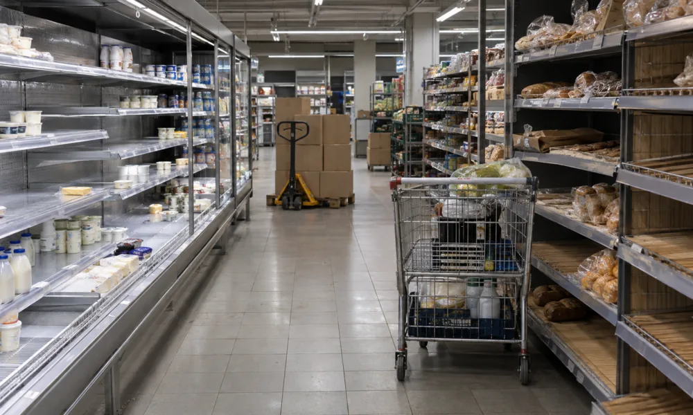 Alejka supermarketu z częściowo pustymi półkami z nabiałem i pieczywem, wózek na zakupy i paleta z kartonami w tle