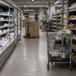 Alejka supermarketu z częściowo pustymi półkami z nabiałem i pieczywem, wózek na zakupy i paleta z kartonami w tle