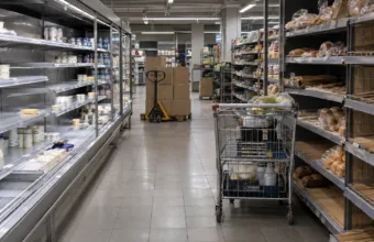Alejka supermarketu z częściowo pustymi półkami z nabiałem i pieczywem, wózek na zakupy i paleta z kartonami w tle