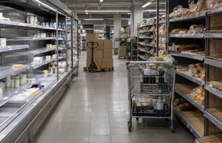 Alejka supermarketu z częściowo pustymi półkami z nabiałem i pieczywem, wózek na zakupy i paleta z kartonami w tle