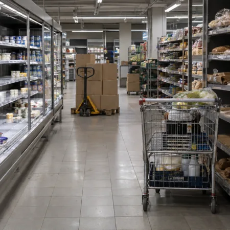 Alejka supermarketu z częściowo pustymi półkami z nabiałem i pieczywem, wózek na zakupy i paleta z kartonami w tle