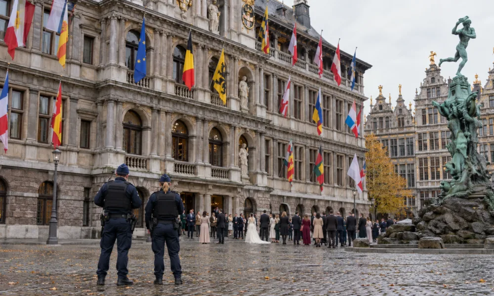 Dwoje policjantów przed renesansowym ratuszem na Grote Markt w Antwerpii, w oddali goście weselni