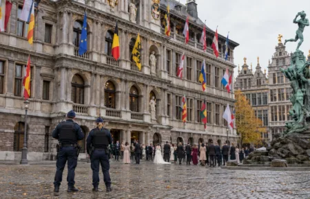Dwoje policjantów przed renesansowym ratuszem na Grote Markt w Antwerpii, w oddali goście weselni