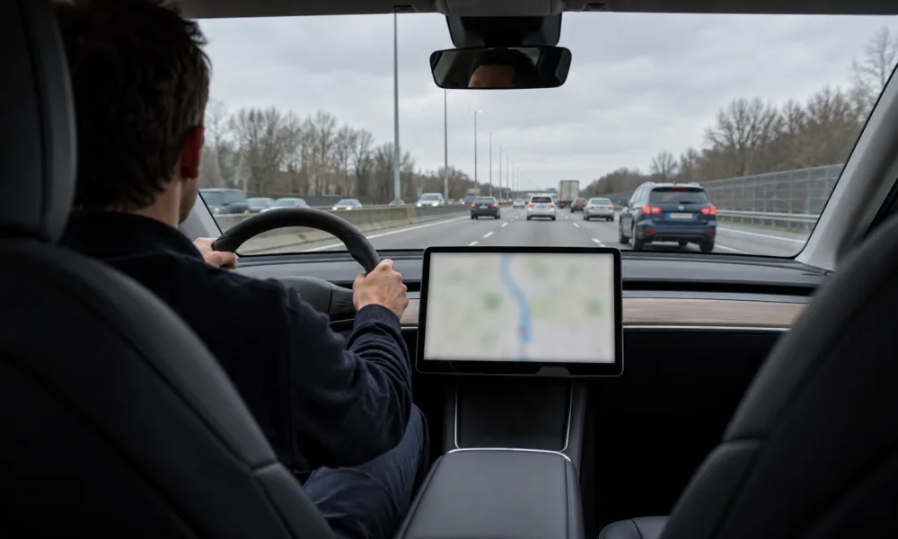 Kierowca samochodu elektrycznego na autostradzie, widok z tylnego siedzenia