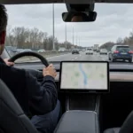 Kierowca samochodu elektrycznego na autostradzie, widok z tylnego siedzenia