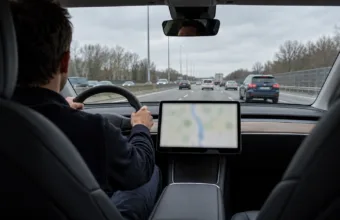 Kierowca samochodu elektrycznego na autostradzie, widok z tylnego siedzenia