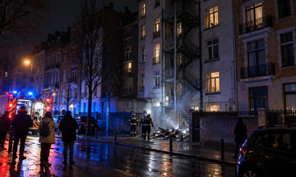 Strażacy przy ugaszonym pożarze śmieci przed budynkiem mieszkalnym w Brukseli nocą (wizualizacja SI)