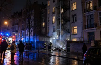 Strażacy przy ugaszonym pożarze śmieci przed budynkiem mieszkalnym w Brukseli nocą (wizualizacja SI)