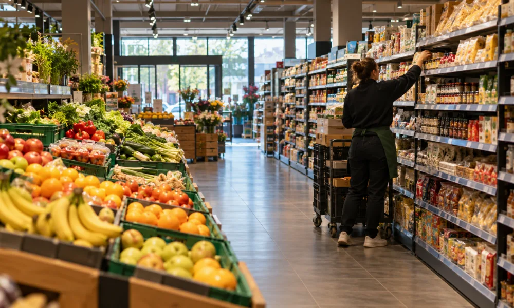 Alejka supermarketu w Belgii w niedzielny poranek, pracownica układa towar na półkach