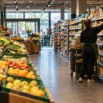 Alejka supermarketu w Belgii w niedzielny poranek, pracownica układa towar na półkach