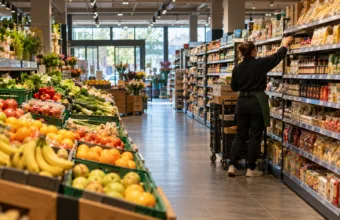 Alejka supermarketu w Belgii w niedzielny poranek, pracownica układa towar na półkach