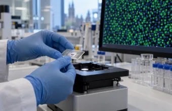Dłonie w rękawiczkach trzymają chip z próbką nad urządzeniem do obrazowania komórek, w tle monitor z tysiącami komórek
