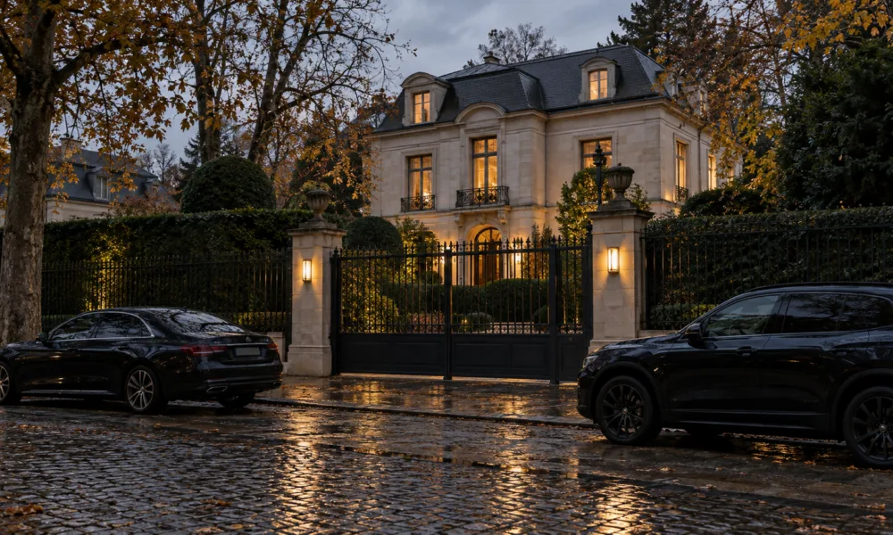 Willa za ogrodzeniem w dzielnicy Uccle w Brukseli, przed bramą zaparkowane ciemne samochody