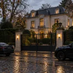 Willa za ogrodzeniem w dzielnicy Uccle w Brukseli, przed bramą zaparkowane ciemne samochody